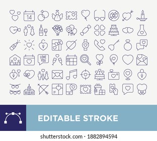 Editable Stroke Wedding Love Valentines Day Outline Icons Set Colection