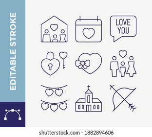 Editable Stroke Wedding Love Valentines Day Outline Icons Set Colection