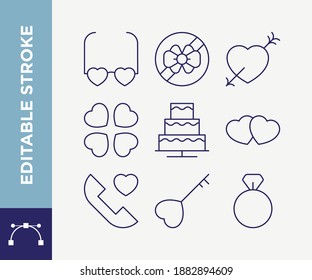 Editable Stroke Wedding Love Valentines Day Outline Icons Set Colection