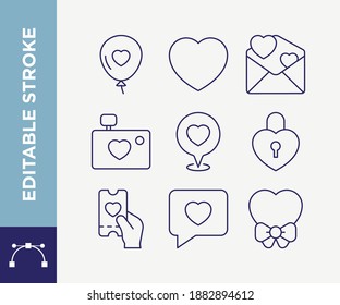 Editable Stroke Wedding Love Valentines Day Outline Icons Set Colection