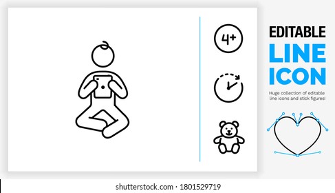 Editable stroke weight line icon of a young kid or child playing a game on a tablet device in his hand sitting in whole body view on the ground with a teddy bear, age sign and timer clock eps symbol