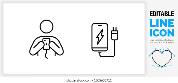 Editable stroke weight line icon of a stick figure person charging a mobile at an electricity point or location with the man holding his digital phone with the cable in the plug in a black eps vector svg