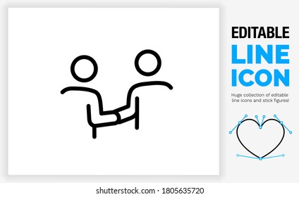 Editable stroke weight line icon of two stick figure people in an iconic style giving each other a handshake in a original simple view of the person greeting in a black eps vector graphic illustration