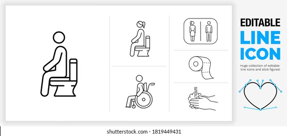 Editable Stroke Weight Line Icon Of A Male And Female Stick Figure People Sitting Down On A Toilet From The Side And A Wc Man And Woman Bathroom Sign With A Handicap Wheelchair Person In Eps Vector 