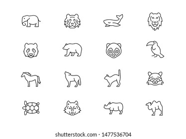 Editable stroke. Wild animals thin line vector icon set