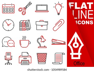 Editable stroke.Simple Set of Office vector flat line Icons - calendar, scissors, notebook, bulb, clock, folders, suitcase, buckle, communication, mug, lamp, stapler, chairs, printer, waste bin, paper