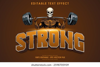 Editable Strong Text Effect, with illustration of human skeleton lifting barbell