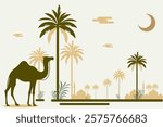 Editable Stylized Desert Landscape with Camel, Palm Trees, and Crescent Moon