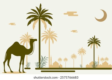 Editable Stylized Desert Landscape with Camel, Palm Trees, and Crescent Moon