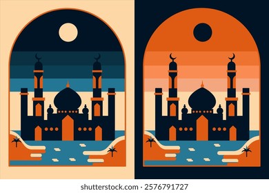 Editable Stylized Mosque Illustration with Dual Color Schemes