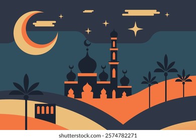 Editable Stylized Night Landscape with Mosque and Crescent Moon