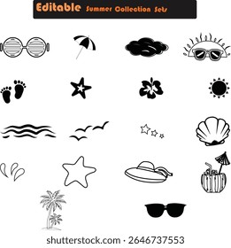 Editable Summer Collection Vector Icon Set. summer symbols design. summer beach icons