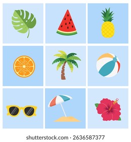 Editable Summer Icons for Designers. Monstera Leaf, Watermelon, Pineapple, Beach Ball. Downloadable Pack with Tropical and Seaside Elements Perfect for Posters, Ads, and Seasonal Web Design Projects