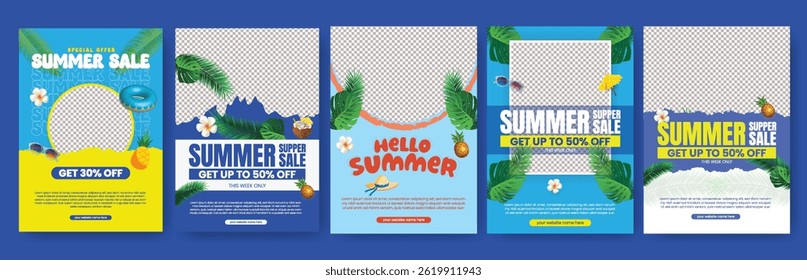 Editable summer sale print flyer or poster template set. promotional a4 size advertising for summer tropical background bundle, summer beach party invitation leaflet, brochure cover design pack