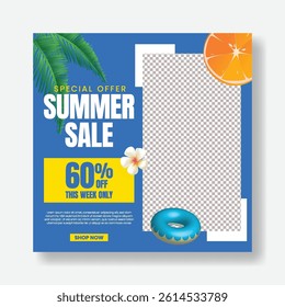 Editable summer sale social media post, banner, and ad template. promotional Web banner for summer tropical background, square social media square flyer or poster for summer beach party design. 