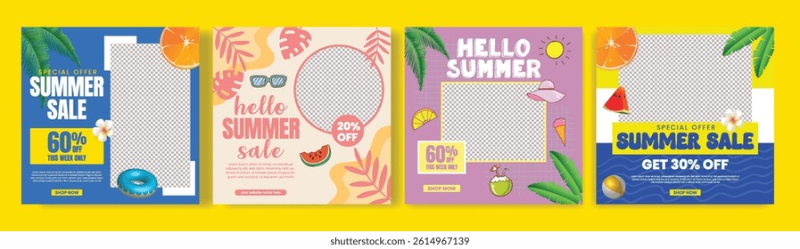 Editable summer sale social media post, banner template set, promotional social media square flyer or poster bundle for summer tropical Holiday celebration party background design pack