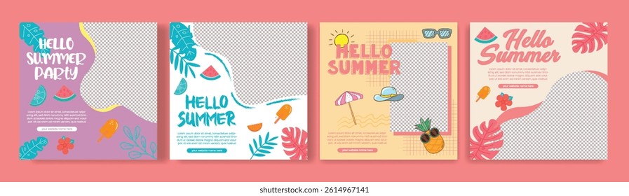 Editable summer sale social media post, banner template set, promotional social media square flyer or poster bundle for summer tropical Holiday celebration party background design pack