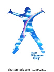 editable summer sky with rainbow and jumping man vector design