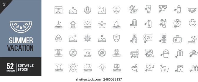 Editable Summer Vacation line icon Set. ea, surfing, beach, hotel Vector illustration.	
