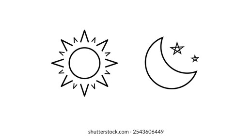 Editable sun and moon outline icons isolated on white background.