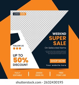 editable super sale social media post template with discount offer and shop button