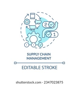 Editable supply chain management blue icon concept, isolated vector, enterprise resource planning thin line illustration.
