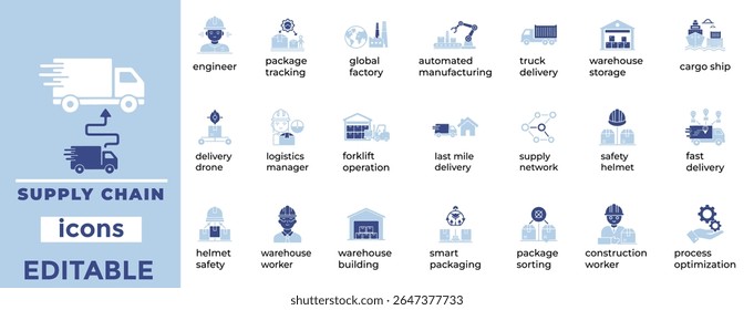 Editable supply chain vector icons ideal for logistics, industry, and operations. Clean, scalable line art style.

