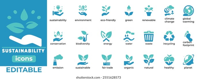 
Editable sustainability vector icons for eco-friendly designs, covering green energy, recycling, conservation, climate change and 