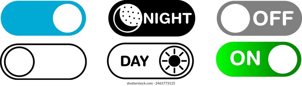 Editable switch icon set in a black stroke weight in outline and a filled shape used to select darkmode or night brightness in the settings of a smart mobile device with a moon and a sun in eps vector