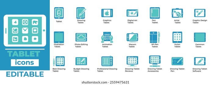 Editable Tablet Icon Set Drawing, Digital Art, Animation, Photo Editing, and Graphic Design Tablets Vector Graphics 