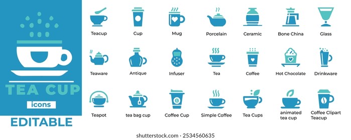 
Editable tea cup vector icons, perfect for cafes, kitchenware, branding, or UI design. Includes teacups, mugs, and teapots. 100% vector quality."