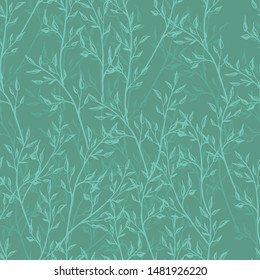 Editable teal blue-green vector endless texture with thin twigs for fabric and decoration. spring romantic seamless pattern. almost plane colours in shades, jade green. 
