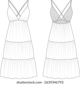Editable technical fashion flats of a tiered maxi dress with plunge V-neckline, dual front panels, and spaghetti straps. Includes front and back views. For tech packs, fashion design.