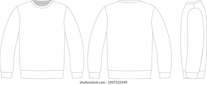 Editable technical fashion sketch for a basic sweatshirt with a crew neck collar, for apparel design, tech packs, and fashion production. Front, back, and side view.
