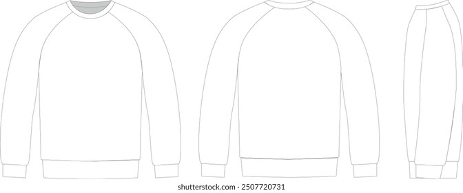 Editable technical fashion sketch for a basic Raglan sweatshirt with a crew collar, for apparel design, tech packs, and fashion production. Front, back, and side view.