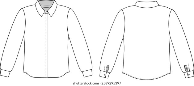 Editable technical fashion sketch for a basic shirt with a hidden button placket, collar, and long sleeves with cuffs for apparel design, tech packs, and fashion production. Front and back view.