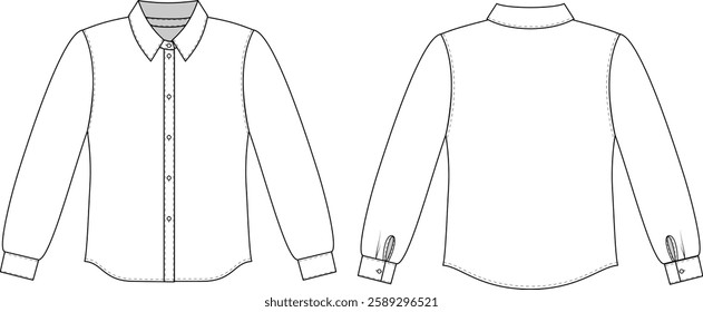 Editable technical fashion sketch for a basic shirt with a button-down placket, collar, and long sleeves with cuffs for apparel design, tech packs, and fashion production. Front and back view.