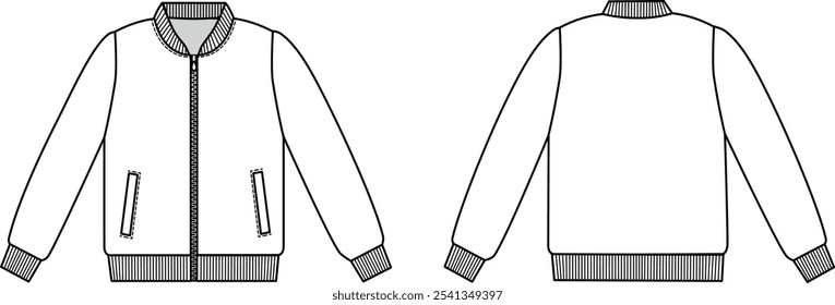 Esboço de moda técnica editável para uma jaqueta de bombardeiro, para design de vestuário, pacotes técnicos e produção de moda. Vista frontal e traseira.