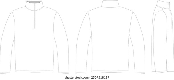 Editable technical fashion sketch for a long-sleeved sweatshirt with a collar and center front half-zip, for apparel design, tech packs, and fashion production. Front, back, and side view.