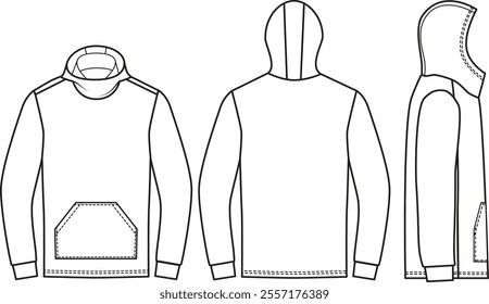  Editable technical fashion sketch for a long-sleeved Hoodie with a kangaroo pocket, for apparel design, tech packs, and fashion production. Front, back, and side view.