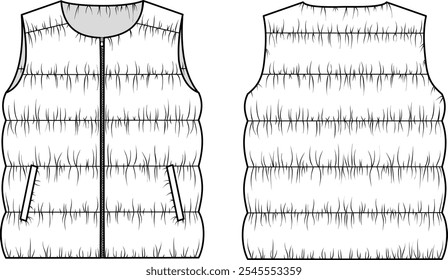 Croquis técnico de moda editable para un chaleco de puffer con bolsillo y cremallera. Ilustración técnica de chaleco acolchado. Para el diseño de prendas de vestir, paquetes de tecnología y producción de moda. Vista frontal, trasera.