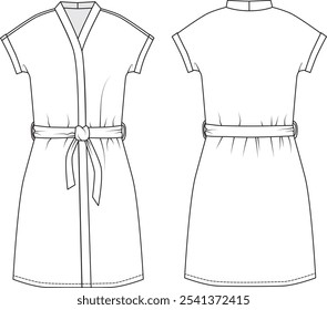 Editable technical fashion sketch for a short-sleeved robe, bathrobe. For apparel design, tech packs, and fashion production. Front and back view.