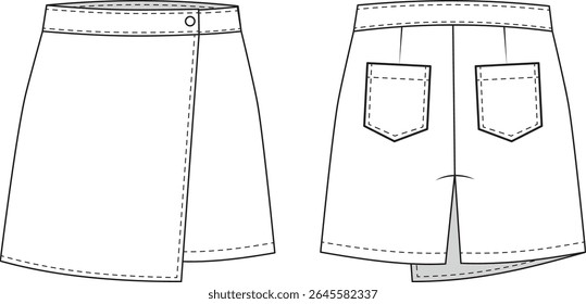 Editable technical flat of an asymmetrical wrap skort with waistband, button closure, and back patch pockets. Ideal for tech packs, fashion design, and production.