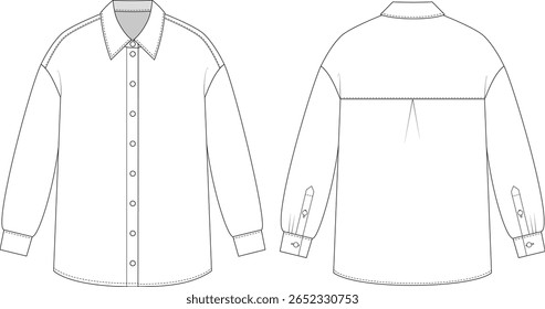 Editable technical flat of a loose long-sleeve button-up shirt with classic collar, back yoke with box pleat, and buttoned cuffs. Front, back view. For fashion design, tech packs, and production.