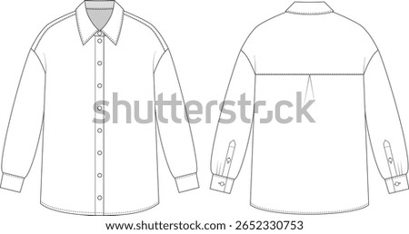 Editable technical flat of a loose long-sleeve button-up shirt with classic collar, back yoke with box pleat, and buttoned cuffs. Front, back view. For fashion design, tech packs, and production.