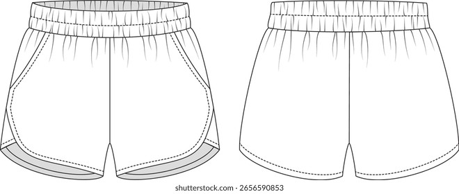 Editable technical flat of running shorts with curved side seams, binding, and elastic waistband. Includes front and back views. For fashion design, tech packs, and production.