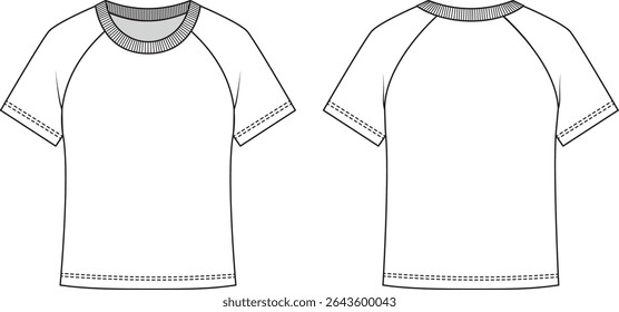 Editable technical flat of a short-sleeve raglan T-shirt with ribbed crew neck. Includes front and back views with double-needle hem and sleeve stitching. For fashion design, tech packs.