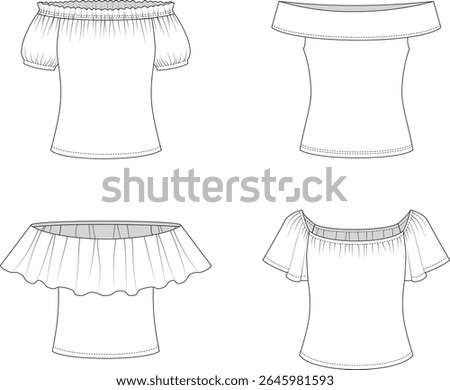 Editable technical flats of four off-the-shoulder tops with varied necklines, flared sleeves, elastic, flounce, and fold-over styles. For tech-pack, fashion design and production.