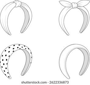 Esboços técnicos editáveis de quatro estilos de headband, incluindo desenhos com nós, arqueados, acolchoados e impressos. Formato vetorial para acessórios de moda, pacotes técnicos e desenvolvimento de produtos.