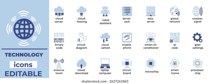 Editable technology icon set in sleek style. Ideal for digital, software, IT, and innovation-focused design work.